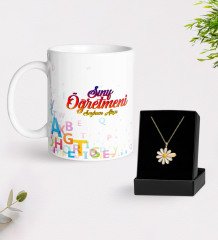 Kişiye Özel Sınıf Öğretmeni Beyaz Kupa ve Papatya Kolye Hediye Seti