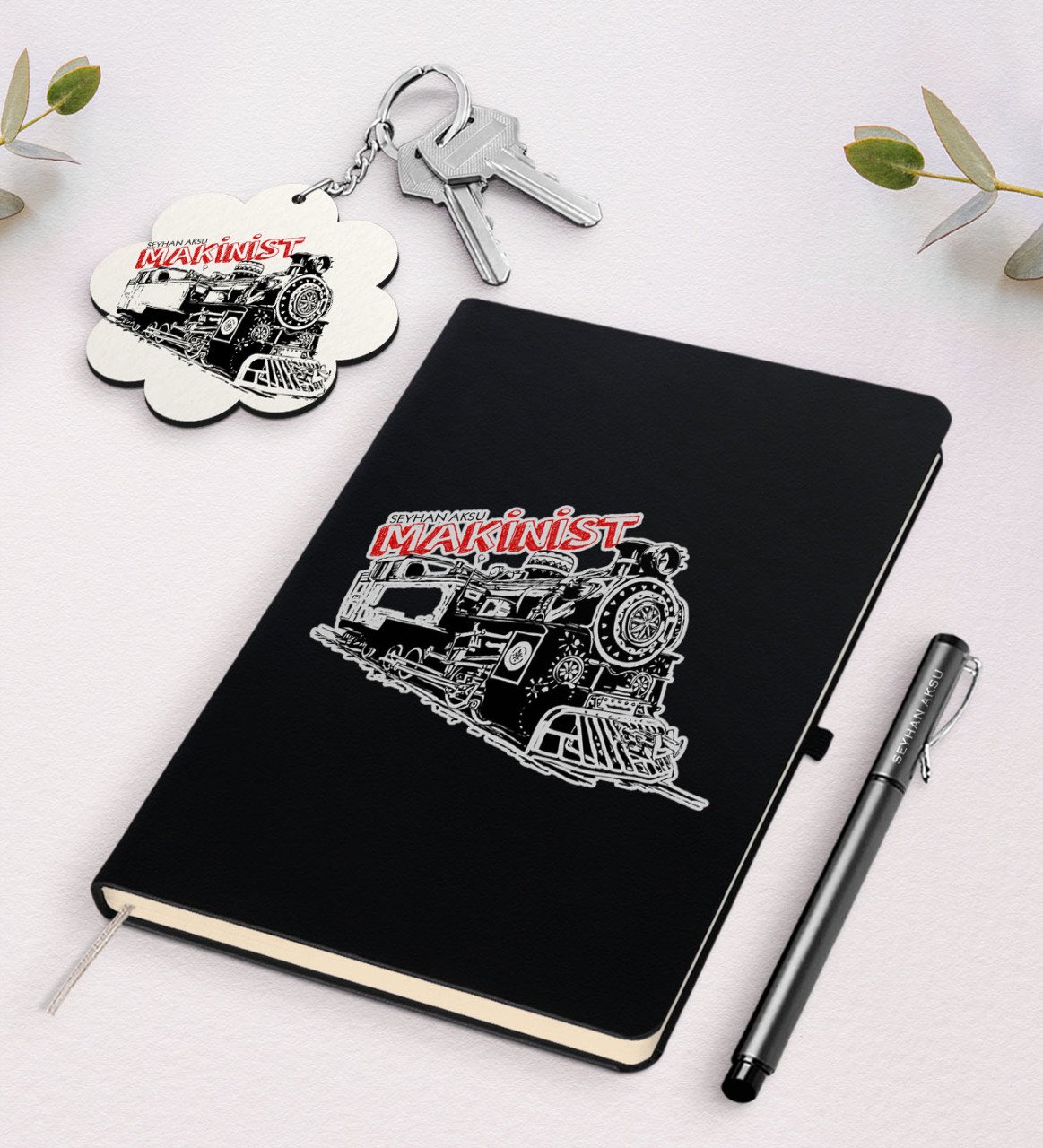 Kişiye Özel Makinist Siyah Defter Kalem Ve Anahtarlık Hediye Seti