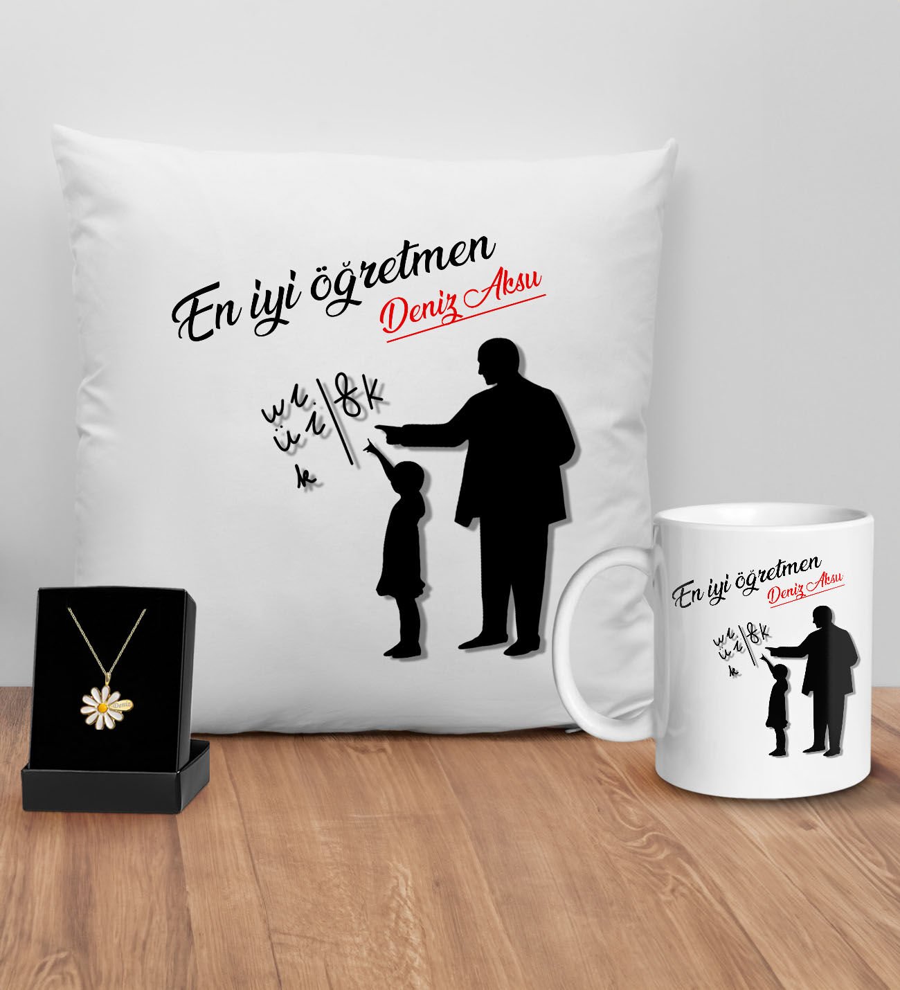 BK Gift Kişiye Özel Öğretmenler Günü Tasarımlı Beyaz Kupa Yastık ve İsimli Papatya Kolye Hediye Seti- 6, Öğretmene Hediye, Öğretmenler Günü
