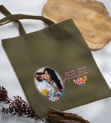 BK Gift Kişiye Özel Fotoğraflı Anneler Günü Tasarımlı Haki Kumaş Bez Çanta, Baskılı Omuz Çantası, Alışveriş Çantası, Anneler Günü Hediyesi, Anneye Hediye-1