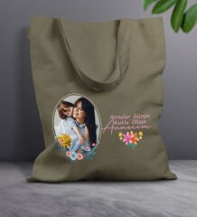 BK Gift Kişiye Özel Fotoğraflı Anneler Günü Tasarımlı Haki Kumaş Bez Çanta, Baskılı Omuz Çantası, Alışveriş Çantası, Anneler Günü Hediyesi, Anneye Hediye-1