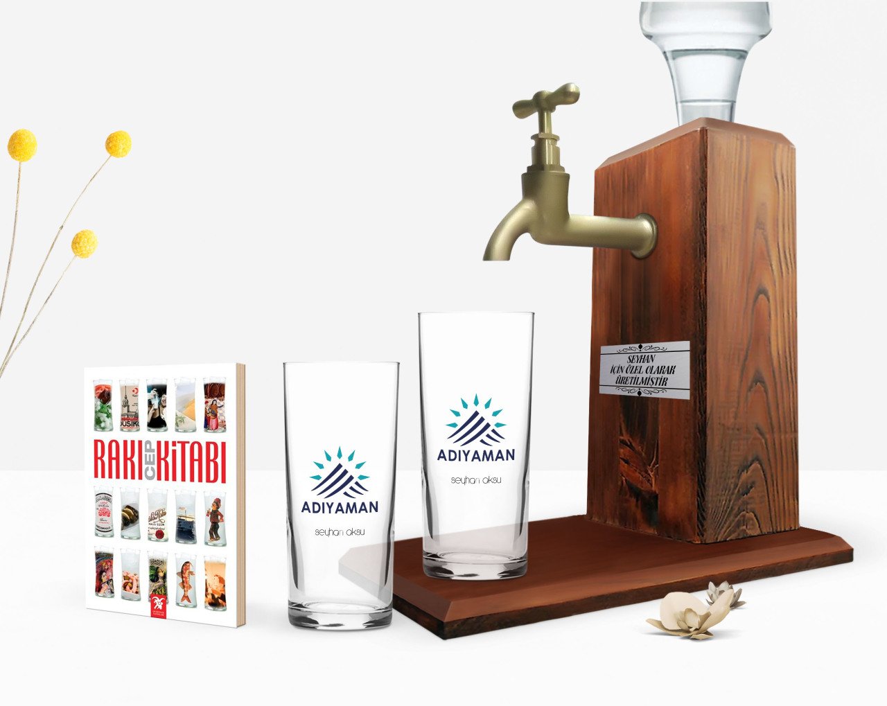 Kişiye Özel Renkli Baskılı Adıyaman Tasarımlı Turistik İkili Rakı Bardağı Ahşap Rakı Standı ve Cep Kitabı Hediye Seti-2