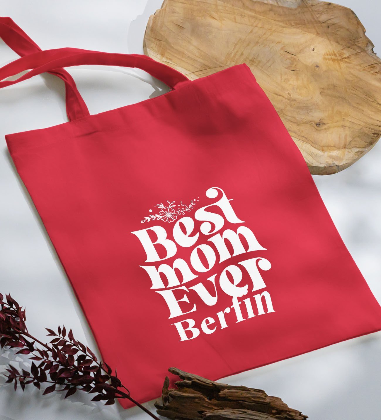 BK Gift Kişiye Özel İsimli Anneler Günü Tasarımlı Kırmızı Kumaş Bez Çanta, Baskılı Omuz Çantası, Alışveriş Çantası, Anneler Günü Hediyesi, Anneye Hediye-1