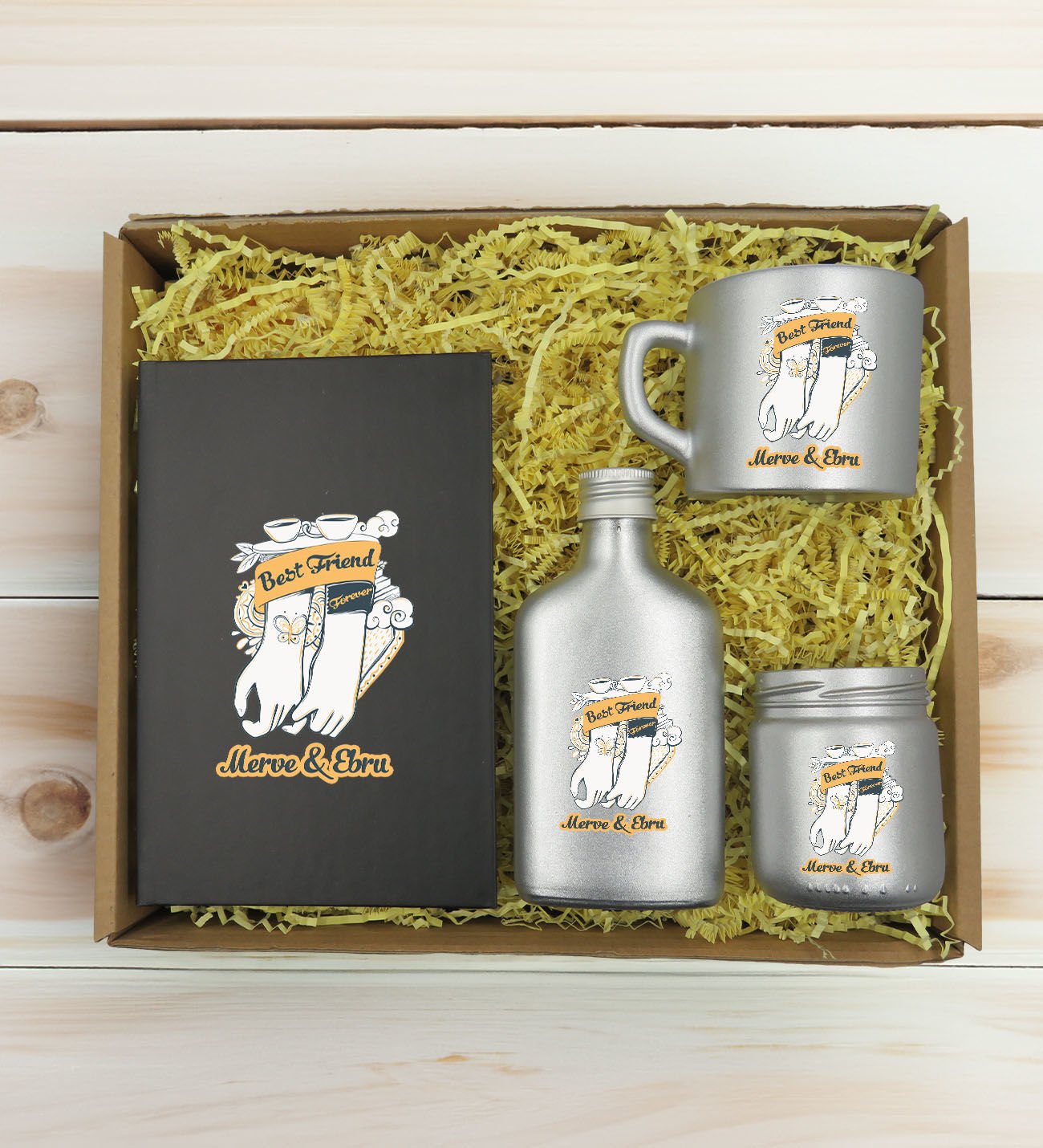 BK Gift Kişiye Özel İsimli DTF Best Friend Temalı Antrasit Defter & Gümüş Kahve Fincanı & Kolonya & Mum Hediye Seti-4, Arkadaşa Hediye, Doğum Günü Hediyesi