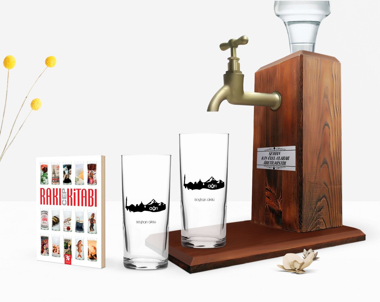 Kişiye Özel Renkli Baskılı Ağrı Tasarımlı Turistik İkili Rakı Bardağı Ahşap Rakı Standı ve Cep Kitabı Hediye Seti-1