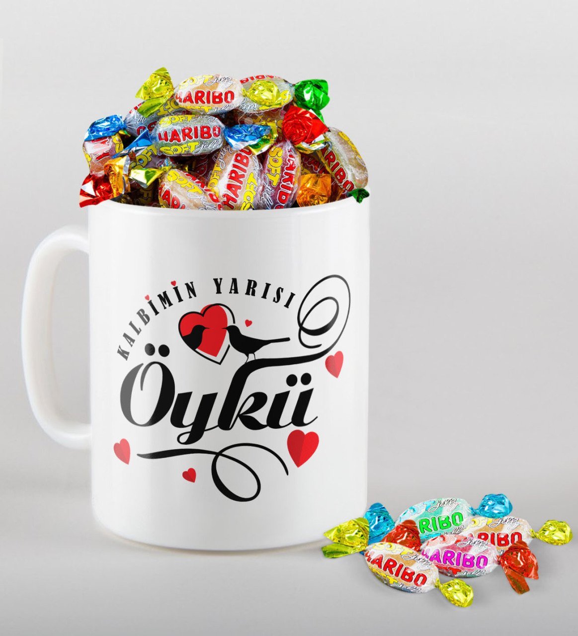 Kişiye Özel Sevgililer Günü Beyaz Kupa ve Haribo Şeker Hediye Seti-128