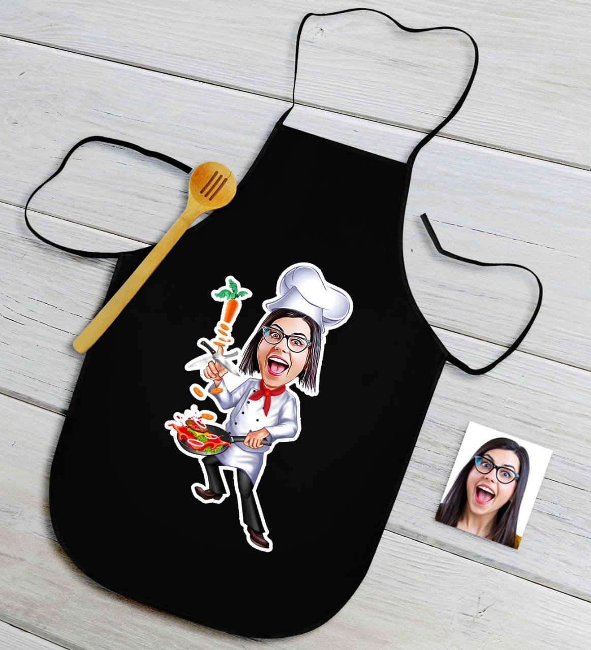 Kişiye Özel Bayan Chef Karikatürlü Siyah Mutfak Önlüğü-5