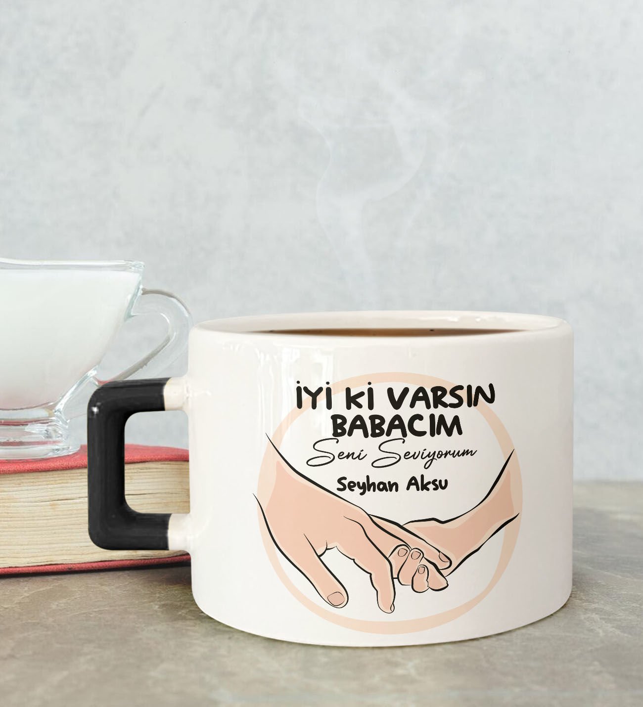 BK Gift Kişiye Özel Babalar Günü Tasarımlı Siyah Kulplu Çay & Kahve Fincanı-10, Babaya Hediye, Babalar Günü Hediyesi