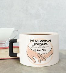 BK Gift Kişiye Özel Babalar Günü Tasarımlı Siyah Kulplu Çay & Kahve Fincanı-10, Babaya Hediye, Babalar Günü Hediyesi