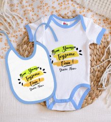 BK Kids Kişiye Özel Beni Yavaşça Teyzeme Verin Tasarımlı Mavi Bebek Body Zıbın ve Mama Önlüğü Hediye Seti