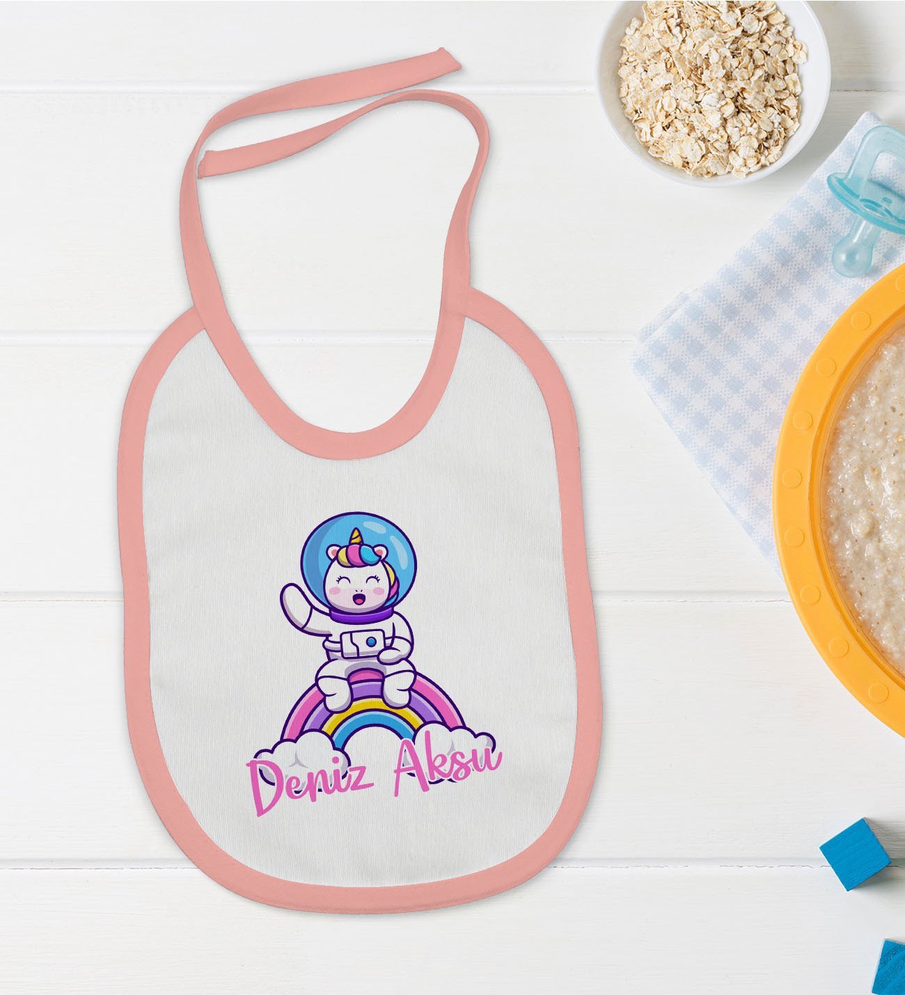 BK Kids Kişiye Özel Pembe Bebek Mama Önlüğü - Model 191