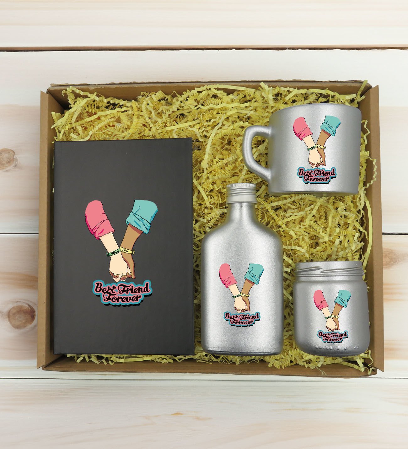 BK Gift Kişiye Özel İsimli DTF Best Friend Temalı Antrasit Defter & Gümüş Kahve Fincanı & Kolonya & Mum Hediye Seti-5, Arkadaşa Hediye, Doğum Günü Hediyesi