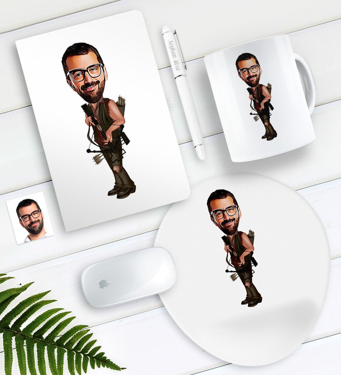Kişiye Özel Bay Okçu Karikatürlü Defter Kalem Kupa Mouse Pad Seti