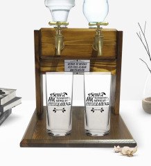 Kişiye Özel Renkli Baskılı Yeşilçam Replikleri Sütoğlan Tasarımlı İkili Rakı Bardağı ve Çift Musluklu Doğal Ahşap Rakı Standı-2