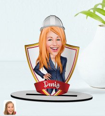 Kişiye Özel İsimli Kadın Mühendis Karikatürlü Ahşap Biblo Model