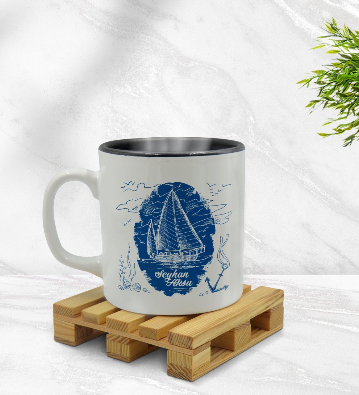 Kişiye Özel Gemi Tasarımlı İçi Siyah Renkli Kupa Bardak Model 2