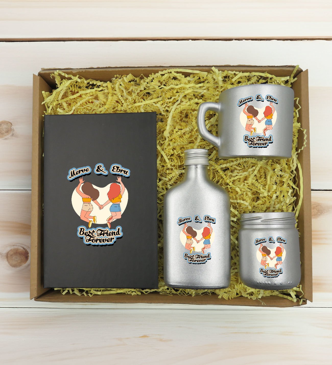 BK Gift Kişiye Özel İsimli DTF Best Friend Temalı Antrasit Defter & Gümüş Kahve Fincanı & Kolonya & Mum Hediye Seti-6, Arkadaşa Hediye, Doğum Günü Hediyesi