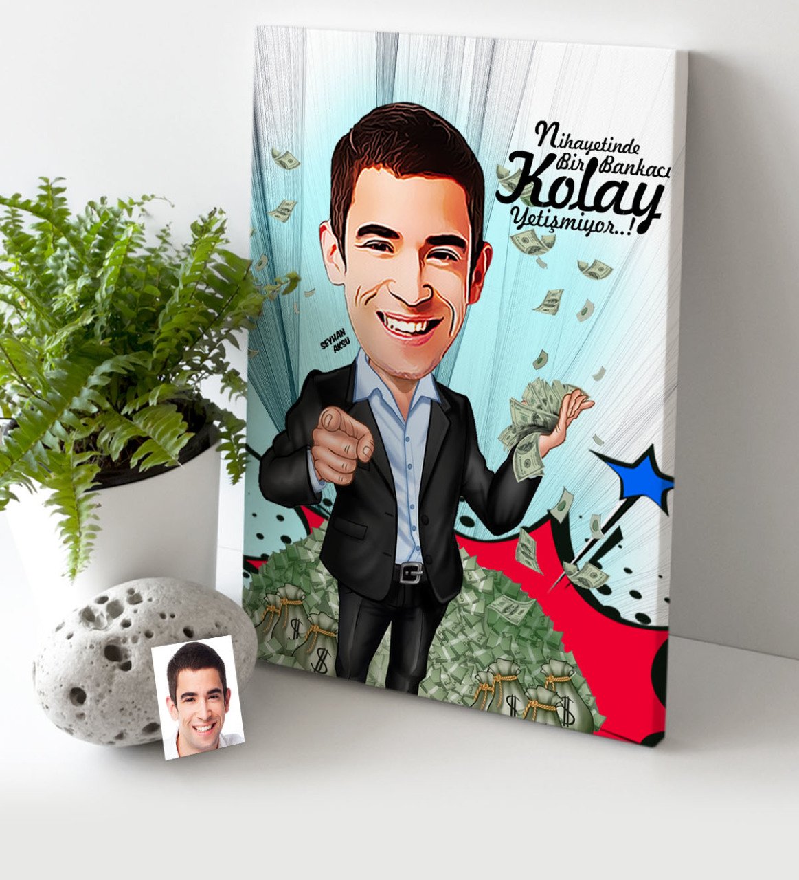 Kişiye Özel Bay Bankacı Karikatür Kanvas Tablo (30 x 50 cm.) 2