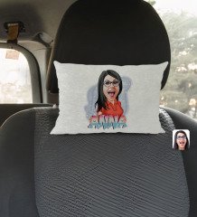 Kişiye Özel İsimli Kadın Karikatürlü Dikdörtgen Araç Koltuk Yastığı