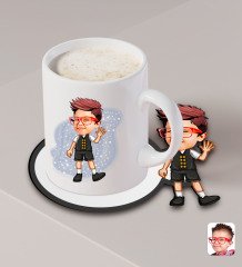 Kişiye Özel Erkek Çocuk Karikatürlü Beyaz Kupa ve Ahşap Bardak Altlığı Hediye Seti-2