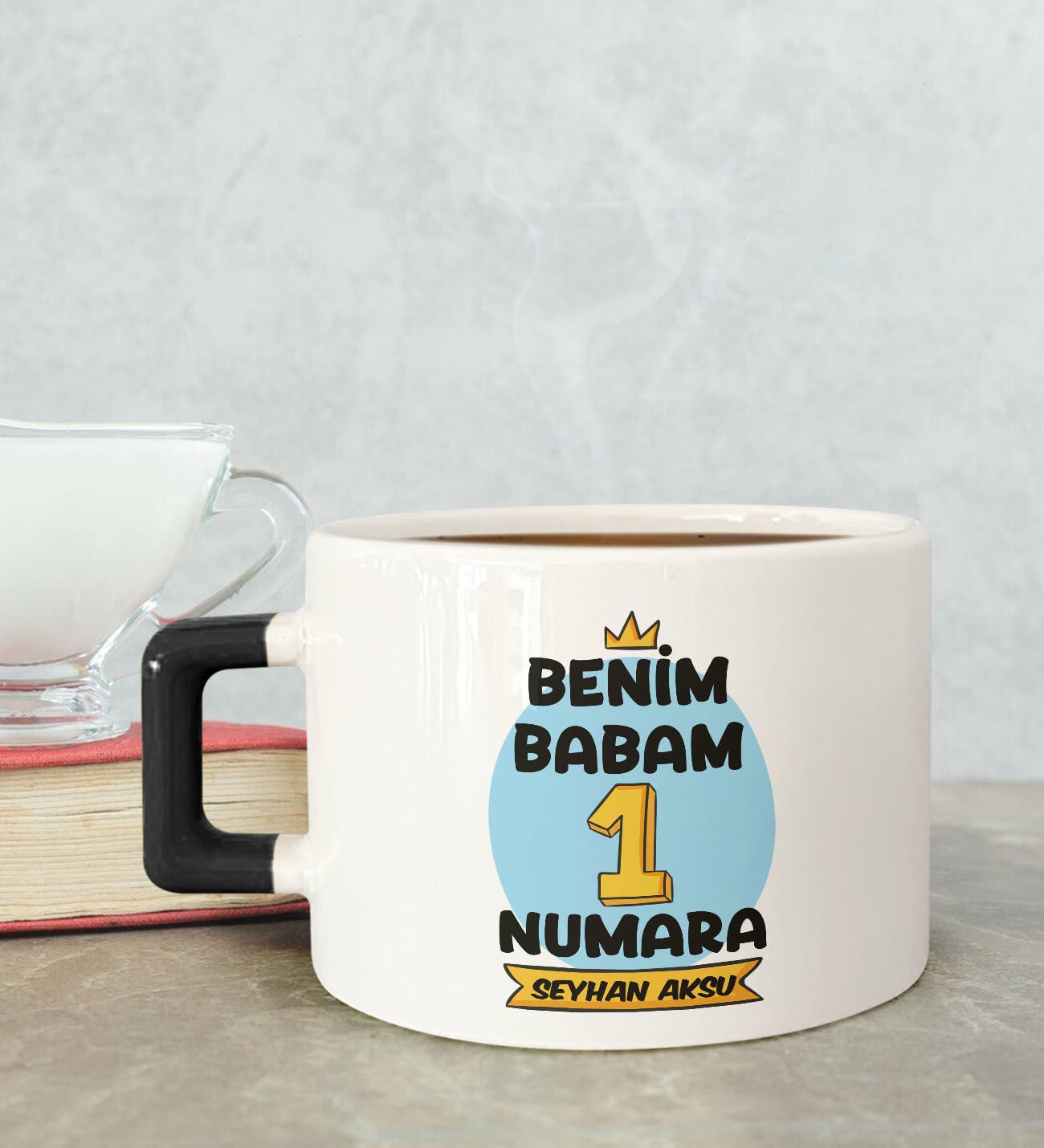 BK Gift Kişiye Özel Babalar Günü Tasarımlı Siyah Kulplu Çay & Kahve Fincanı-13, Babaya Hediye, Babalar Günü Hediyesi