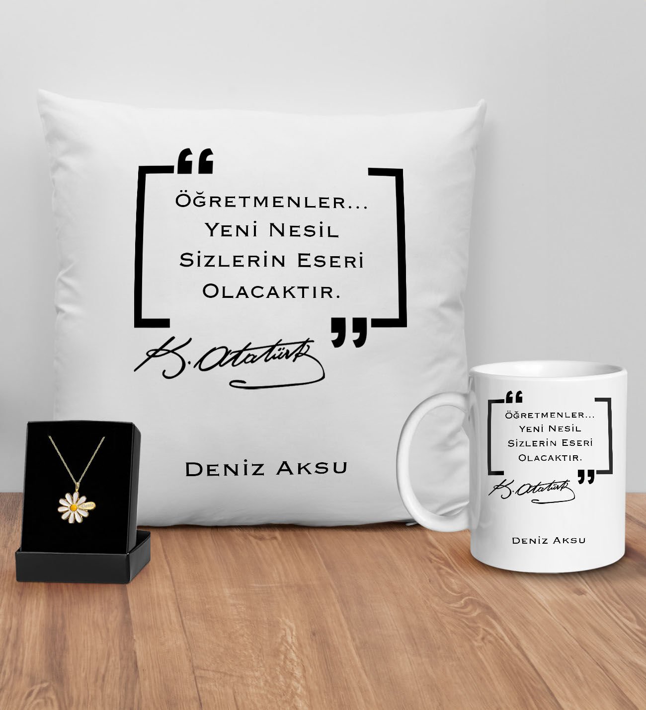 BK Gift Kişiye Özel Öğretmenler Günü Tasarımlı Beyaz Kupa Yastık ve İsimli Papatya Kolye Hediye Seti- 13, Öğretmene Hediye, Öğretmenler Günü