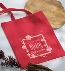 BK Gift Kişiye Özel İsimli Anneler Günü Tasarımlı Kırmızı Kumaş Bez Çanta, Baskılı Omuz Çantası, Alışveriş Çantası, Anneler Günü Hediyesi, Anneye Hediye-7