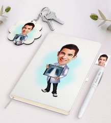 Kişiye Özel Erkek Radyoloji Uzmanı Karikatürlü Beyaz Defter Kalem ve Anahtarlık Hediye Seti