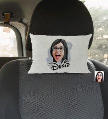 Kişiye Özel İsimli Kadın Yüz Karikatürlü Dikdörtgen Araç Koltuk Yastığı-2