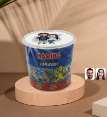 Kişiye Özel Sevgililer Karikatürlü Dev Boy Haribo Minis Kovası (10gx100adet) Model 109
