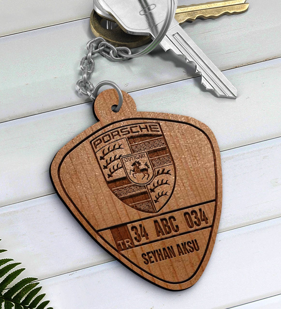Kişiye Özel İsimli Plakalı Porsche Ahşap Anahtarlık-1