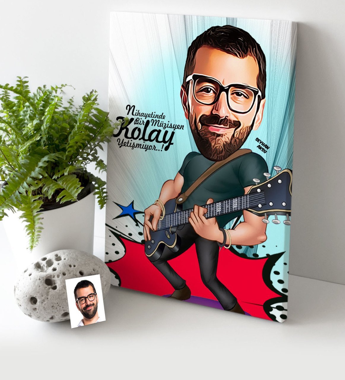 Kişiye Özel Bay Gitarist Karikatür Kanvas Tablo (30 x 50 cm.) 1