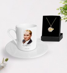 Kişiye Özel Atatürk Temalı Türk Kahvesi Fincanı ve İsimli Papatya Kolye Hediye Seti-12