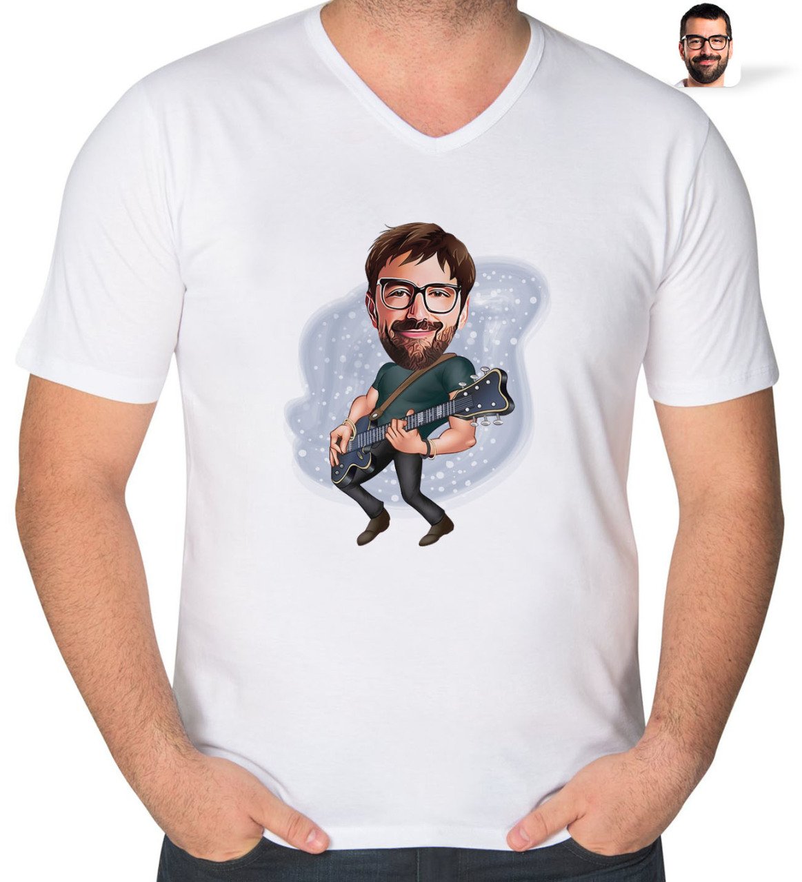 Kişiye Özel Erkek Gitarist Karikatürlü V Yaka Tişört-1