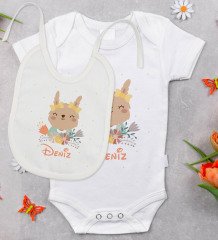 BK Kids Kişiye Özel İsimli Bebek Body Zıbın ve Mama Önlüğü Hediye Seti - Model 14