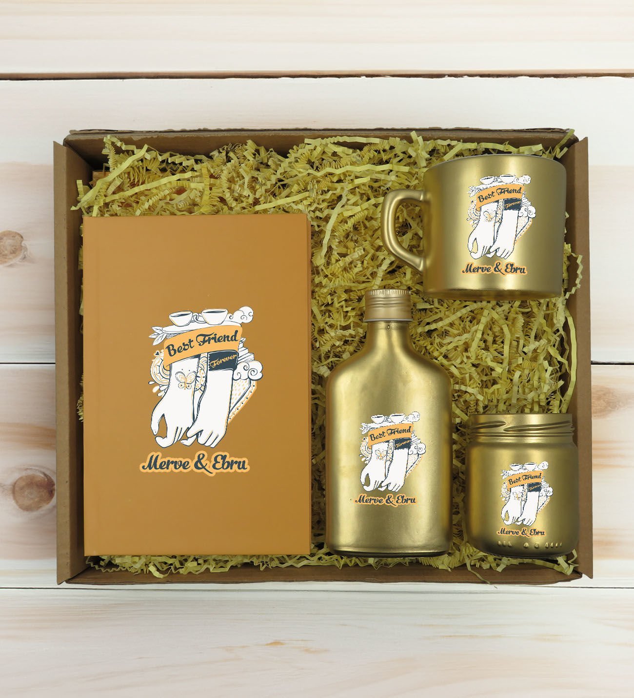 BK Gift Kişiye Özel İsimli DTF Best Friend Temalı Gold Defter & Kahve Fincanı & Kolonya & Mum Hediye Seti-4, Arkadaşa Hediye, Doğum Günü Hediyesi
