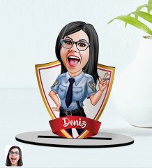 Kişiye Özel İsimli Kadın Polis Karikatürlü Ahşap Biblo Model-1
