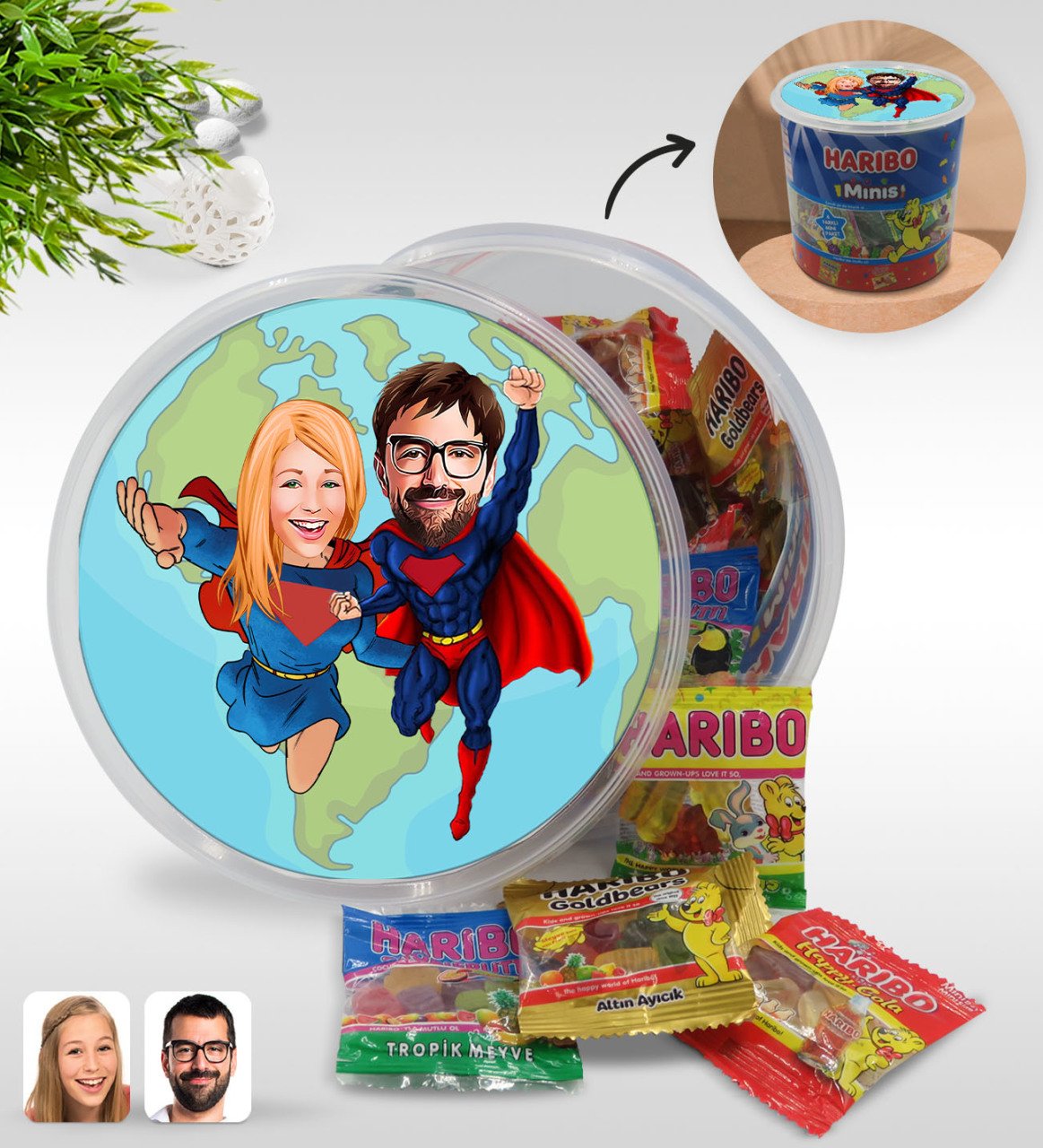Kişiye Özel Süper Sevgililer Karikatürlü Dev Boy Haribo Minis Kovası (10gx100adet) Model 1
