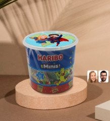 Kişiye Özel Süper Sevgililer Karikatürlü Dev Boy Haribo Minis Kovası (10gx100adet) Model 1
