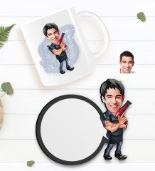 Kişiye Özel Erkek Kuaför Karikatürlü Beyaz Kupa ve Ahşap Bardak Altlığı Hediye Seti-1