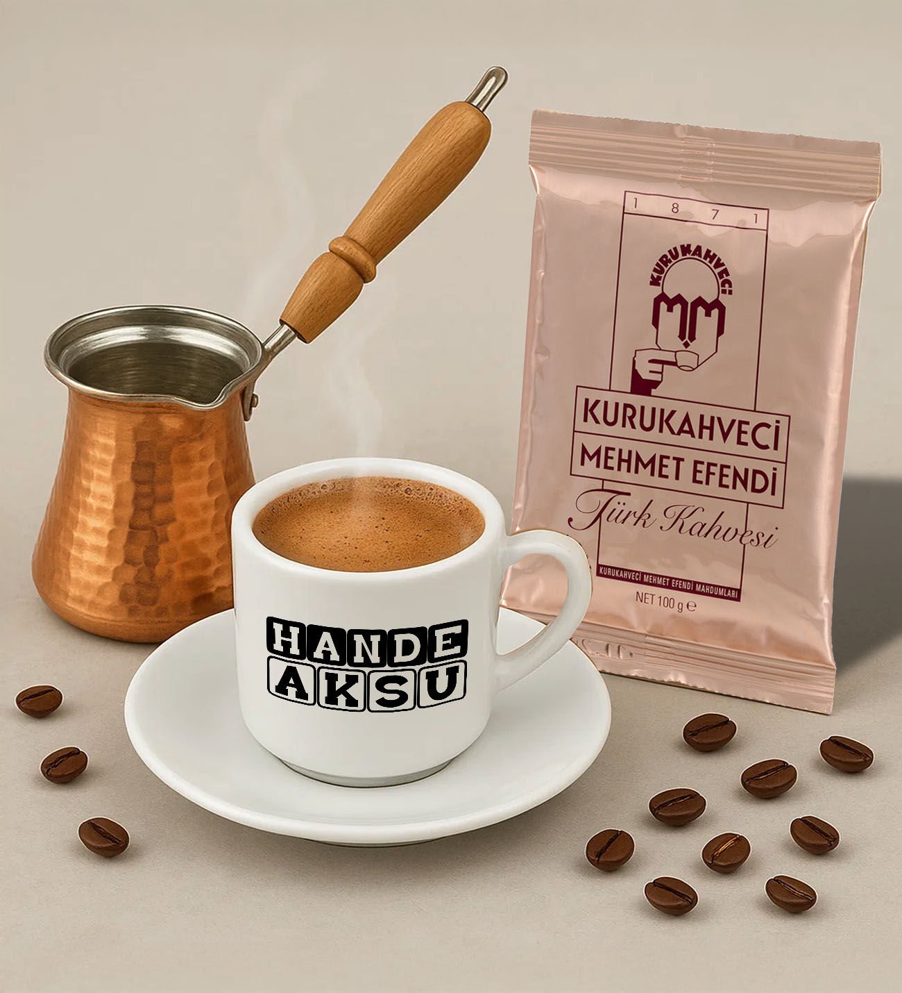 BK Gift Kişiye Özel İsimli Türk Kahvesi Fincanı & Bakır Cezve & Türk Kahvesi Seti-12, Arkadaş Hediye, Sevgiliye Hediye