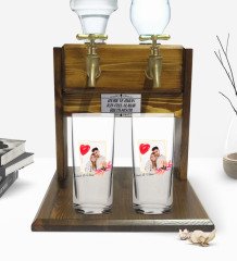 Kişiye Özel Renkli Baskılı İsimli Fotoğraflı İkili Rakı Bardağı ve Çift Musluklu Doğal Ahşap Rakı Standı-29