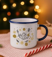 BK Gift Kişiye Özel Yılbaşı Tasarımlı Lacivert Emaye Kupa Bardak -1, Arkadaşa Hediye, Yeni Yıl Hediyesi