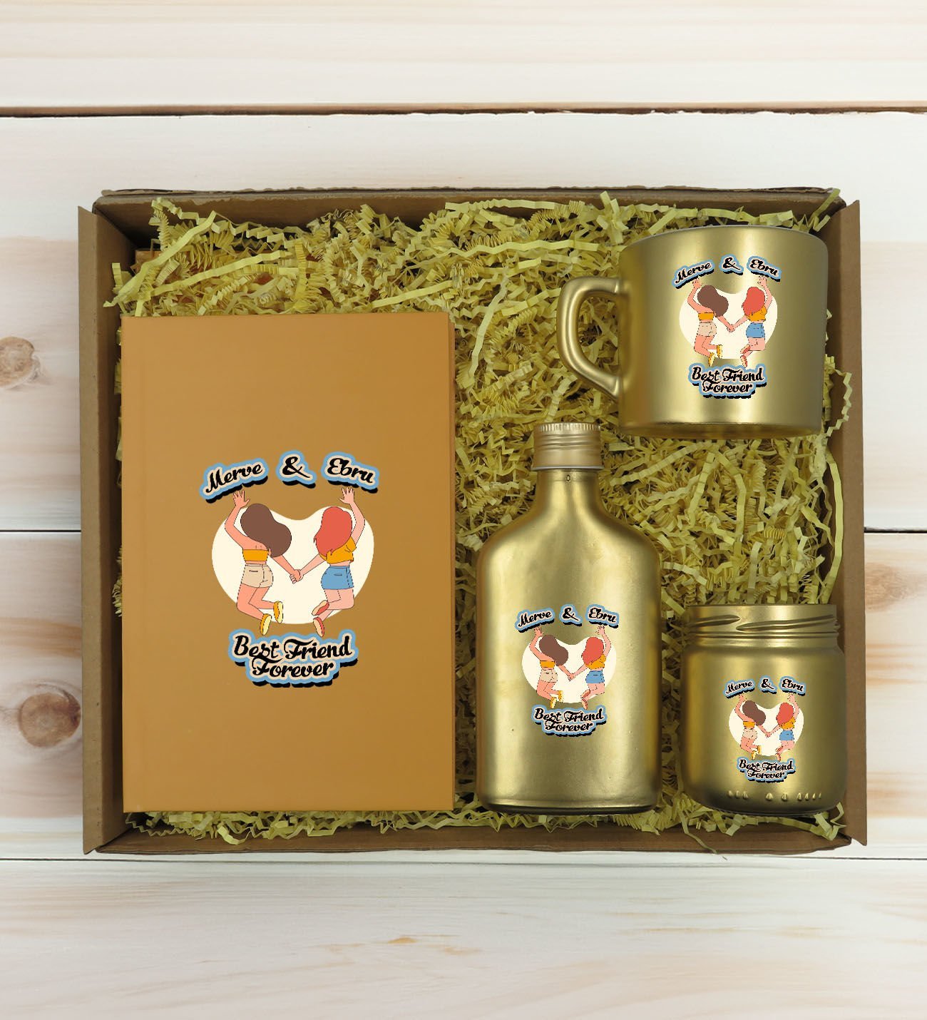 BK Gift Kişiye Özel İsimli DTF Best Friend Temalı Gold Defter & Kahve Fincanı & Kolonya & Mum Hediye Seti-6, Arkadaşa Hediye, Doğum Günü Hediyesi
