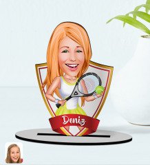 Kişiye Özel İsimli Kadın Tenis Oyuncusu Karikatürlü Ahşap Biblo Model-2