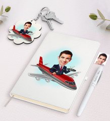 Kişiye Özel Erkek Uçuş Görevlisi Host Karikatürlü Beyaz Defter Kalem ve Anahtarlık Hediye Seti-1