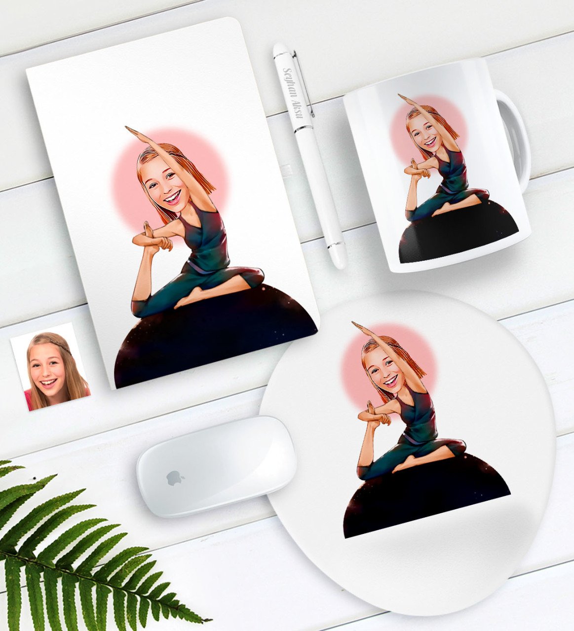 Kişiye Özel Bayan Yogacı Karikatürlü Defter Kalem Kupa Mouse Pad Seti-2