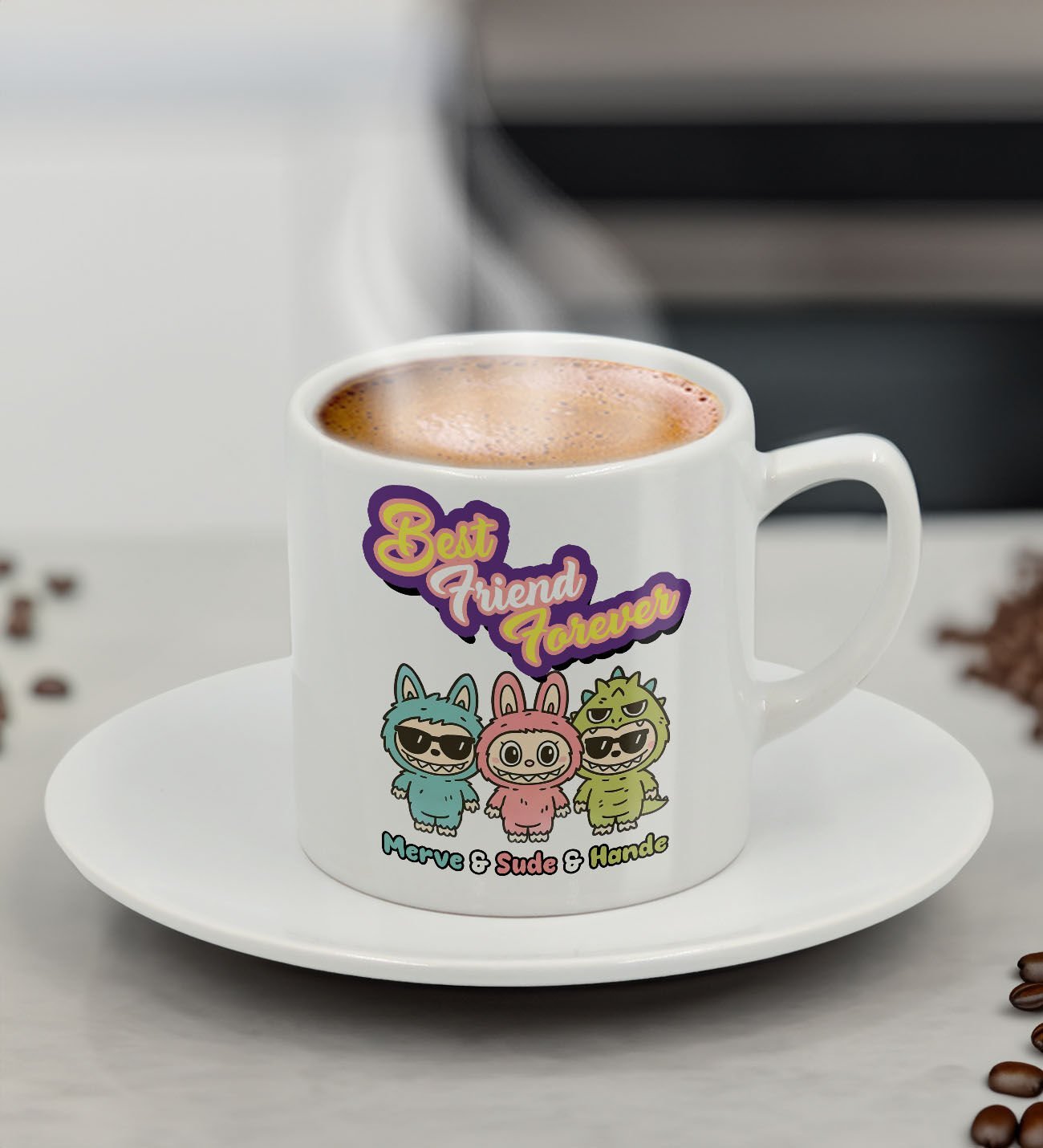 BK Gift Kişiye Özel İsimli Best Friend Sevimli Canavar Tasarımlı Tasarımlı Türk Kahvesi Fincanı-1, Arkadaşa Hediye, Sevgiliye Hediye