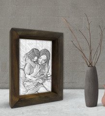 Kişiye Özel Fotoğraflı Karakalem Tasarımlı Dekoratif Doğal Masif Ahşap Çerçeve 15x20cm-1