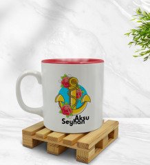 Kişiye Özel Çapa Tasarımlı İçi Kırmızı Renkli Kupa Bardak Model 4